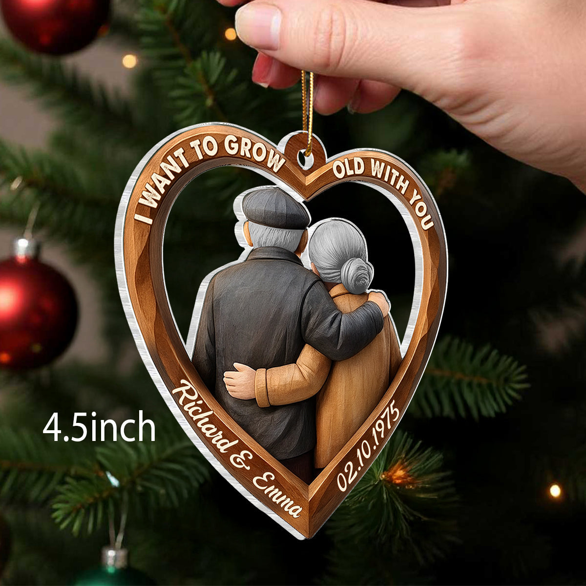 3D Effect Wooden Couple Growing Old Together - Personalized Acrylic Ornament - Christmas Gift for Couples