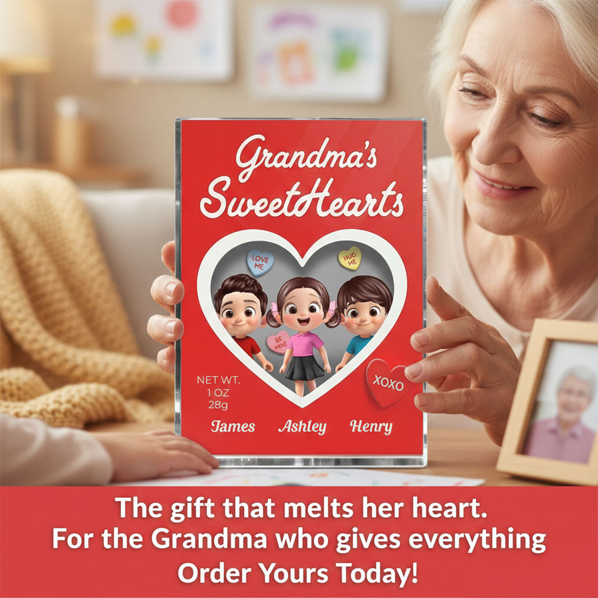 Grandma's Sweethearts Grandkids Red Toy Box Style 2D Flat - Personalized Acrylic Block Plaque