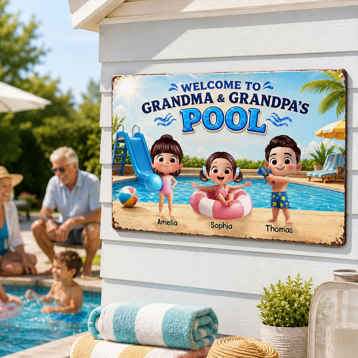Welcome to Grandma Grandpa's Pool - Personalized Metal Sign - Summer Decor Gift for Grandparents