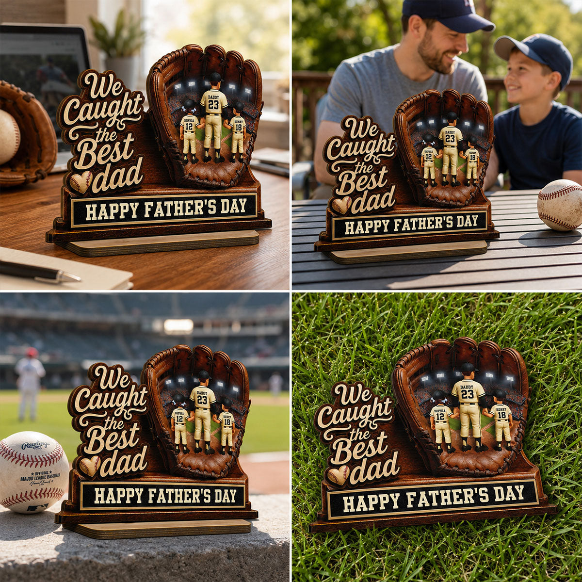 We Caught The Best Dad Dad & Kids In Glove - Personalized 2-Layered Wooden Plaque - Happy  For Baseball Dad