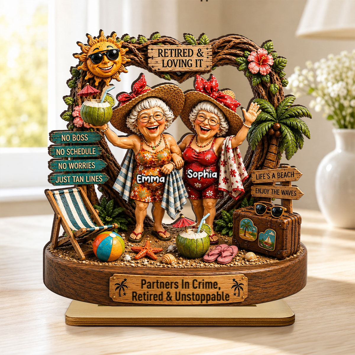 Partners In Crime Retired & Unstoppable Besties - Personalized 2-Layered Wooden Plaque - Meaningful Gift For Best Friends