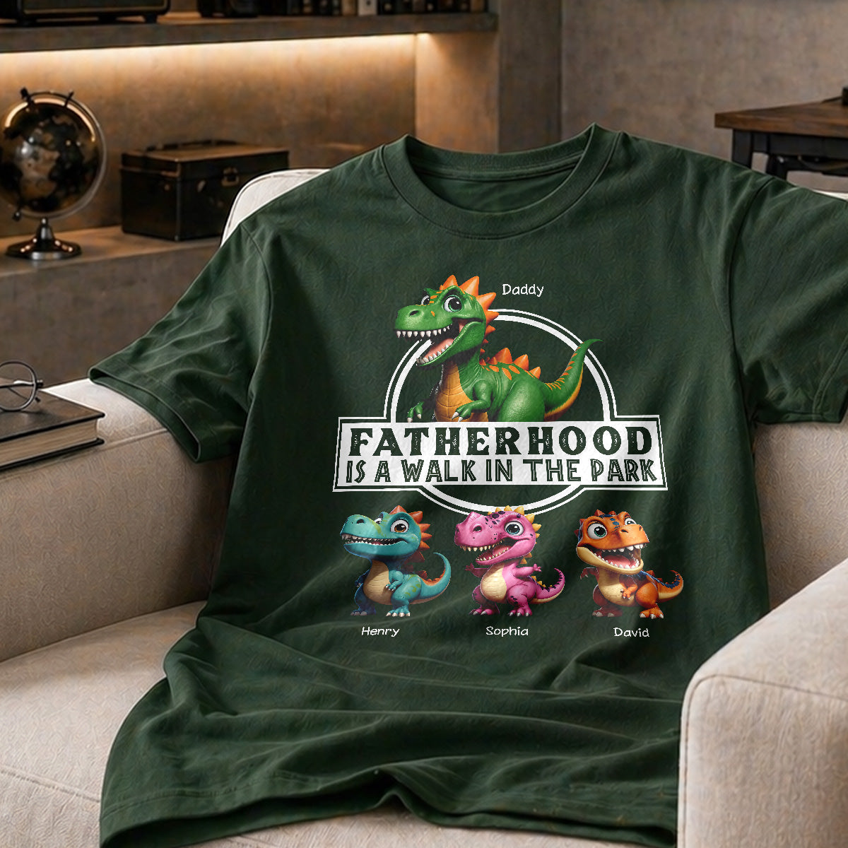 Fatherhood Is A Walk In The Park Dinosaurs Dad & Kids - Personalized Shirt - Father's Day Gift For Husband, Dad