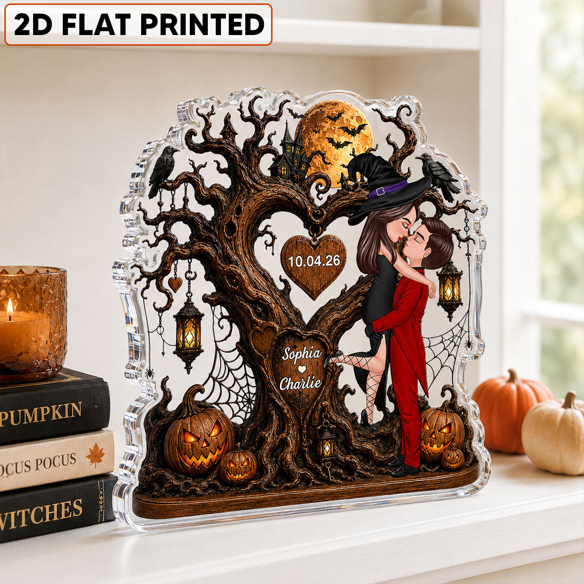 Heart Tree Couple Kissing - Personalized Acrylic Plaque - Halloween Gift For Couple, Him, Her