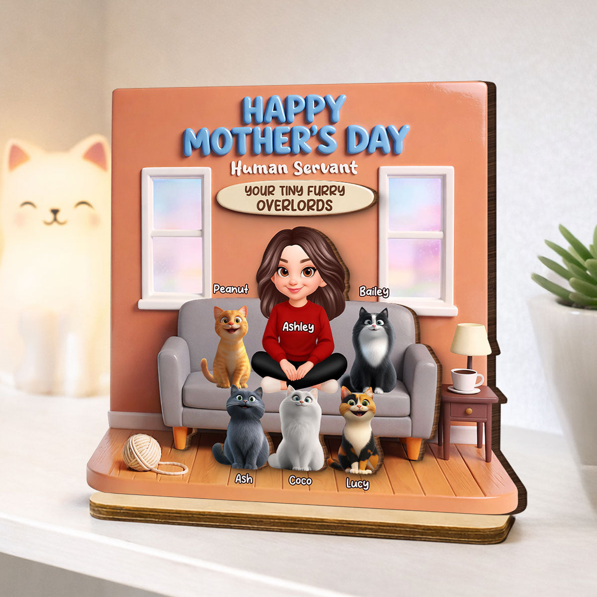 Happy Mother's Day Human Servant - Personalized 2-Layered Wooden Plaque - Gift for Cat Moms
