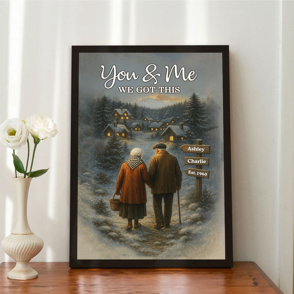 Old Couple Walking in Winter Scene - Personalized Poster - Heartwarming Christmas Gift for him, Gift for her