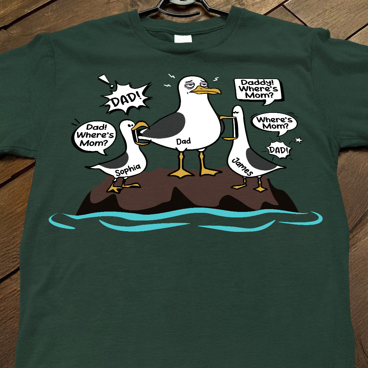 Where's Mom Funny Tired Seagull & Kids Custom Name - Personalized Shirt - Funny Father's Day Gift For Dad, Husband