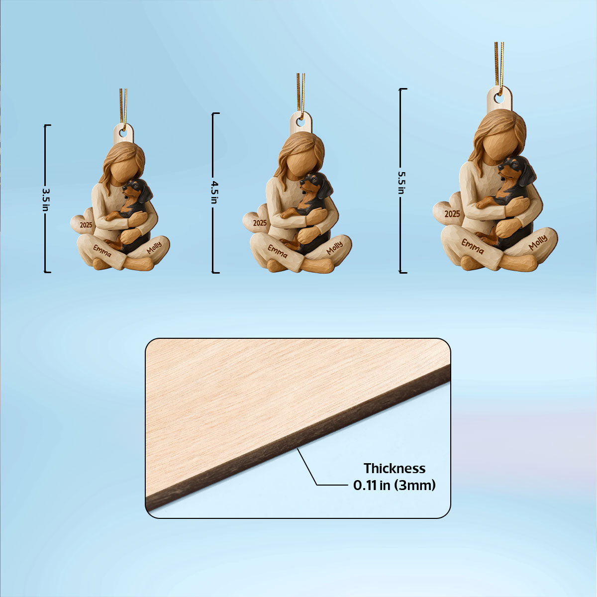 3D Effect Girl & Her Dog - Personalized Wooden Ornament - Gift For Dog Lover