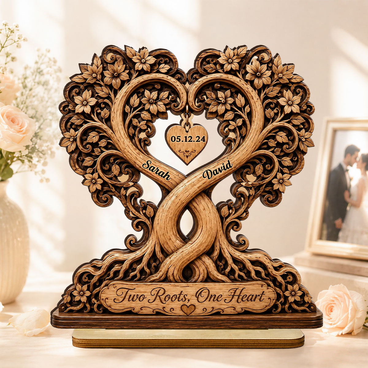Two Roots One Heart Couple - Personalized 2-Layered Wooden Plaque - Heartfelt Anniversary Gift for Her, for Him