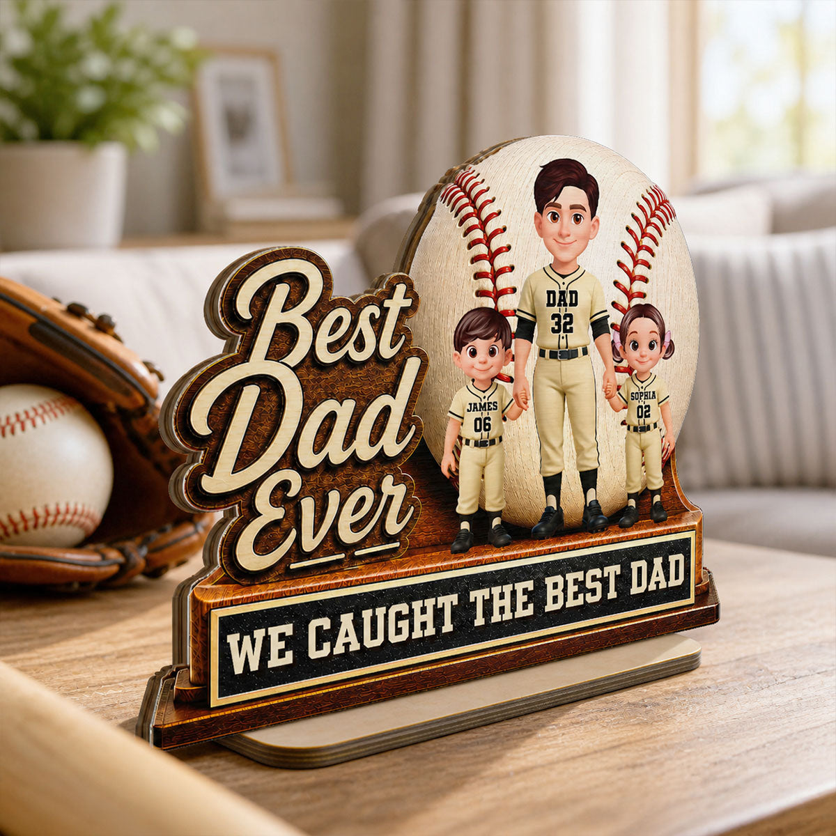 We Caught The Best Dad Dad & Kids - Personalized 2-Layered Wooden Plaque - Happy  For Baseball Softball Dad