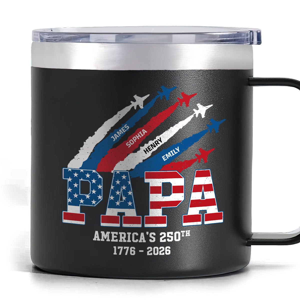 Proud Dad Grandpa Nation Flag American 250th Anniversary - Personalized Tumbler With Handle - Father's Day Gift For Patriotic Dad, Grandpa