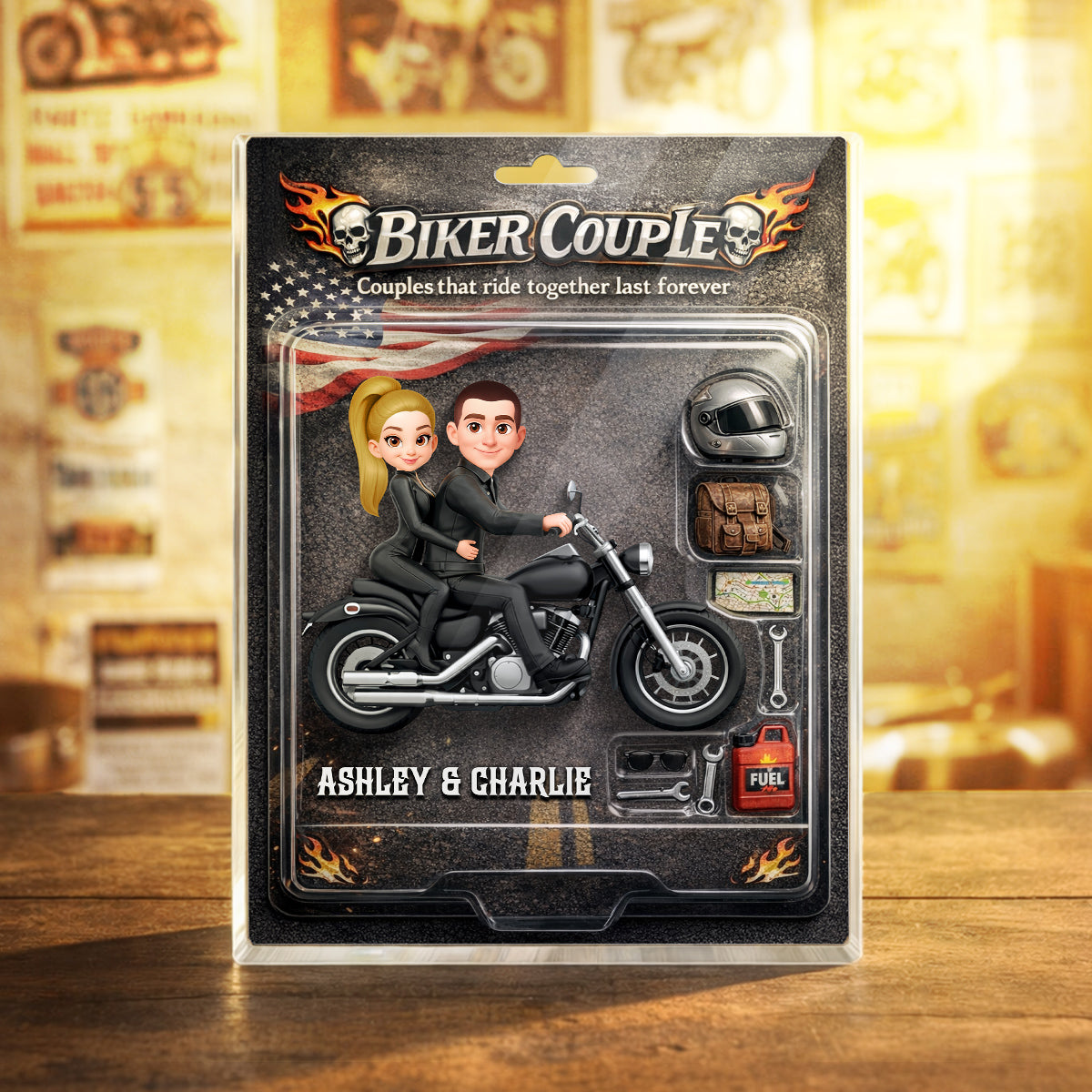 Couples That Ride Together Last Forever Nation Flag, Custom Action Figure Biker Couple - Personalized Acrylic Block Plaque - Heartfelt Gift for Him, for Her