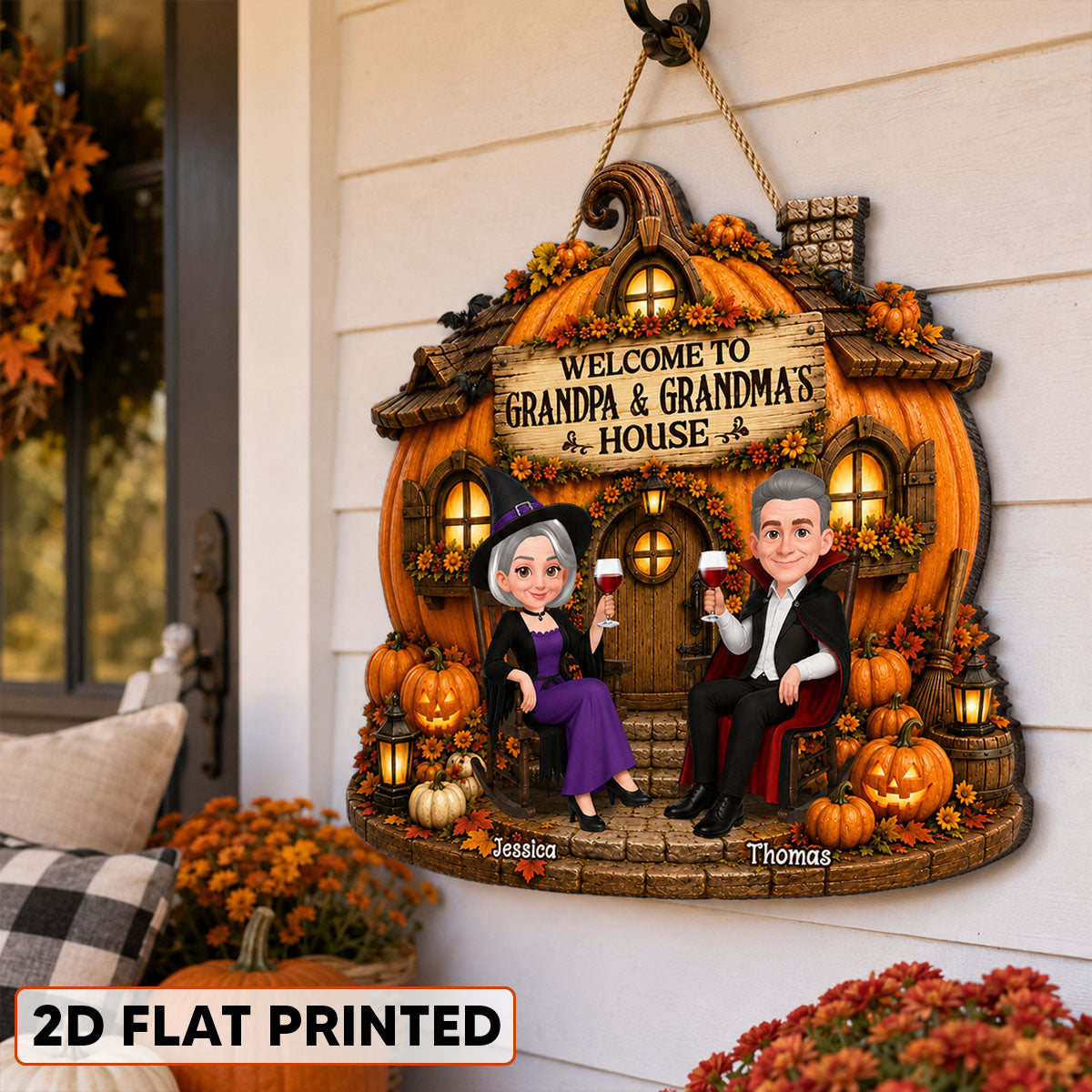 Whimsical Halloween Pumpkin Welcome To Grandma Grandpa House - Personalized Wood Sign - Halloween Decoration For Grandparents