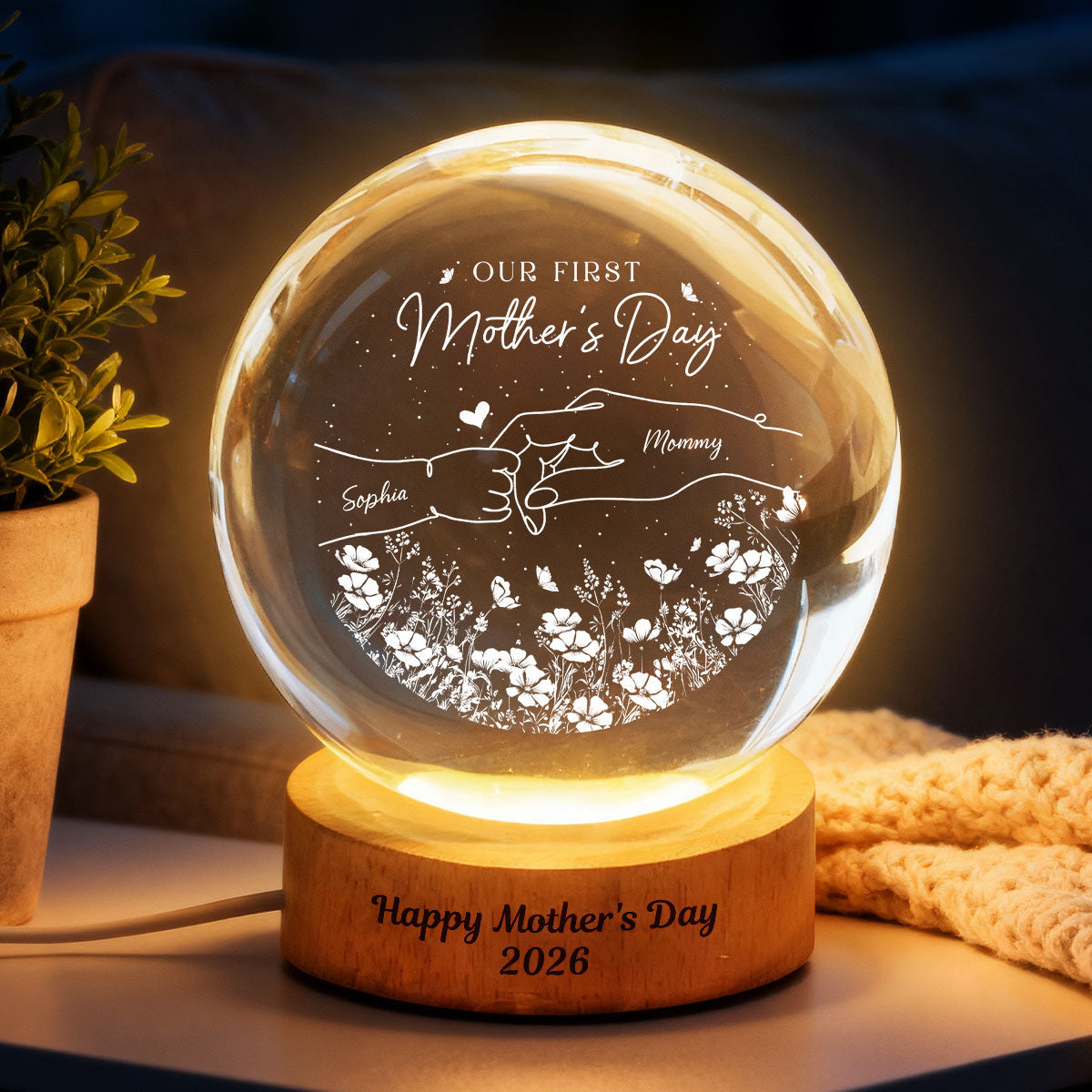 First Mother's Day Photo - Personalized Crystal Ball LED Light Night - Mother's Day Gift for Mom, Wife