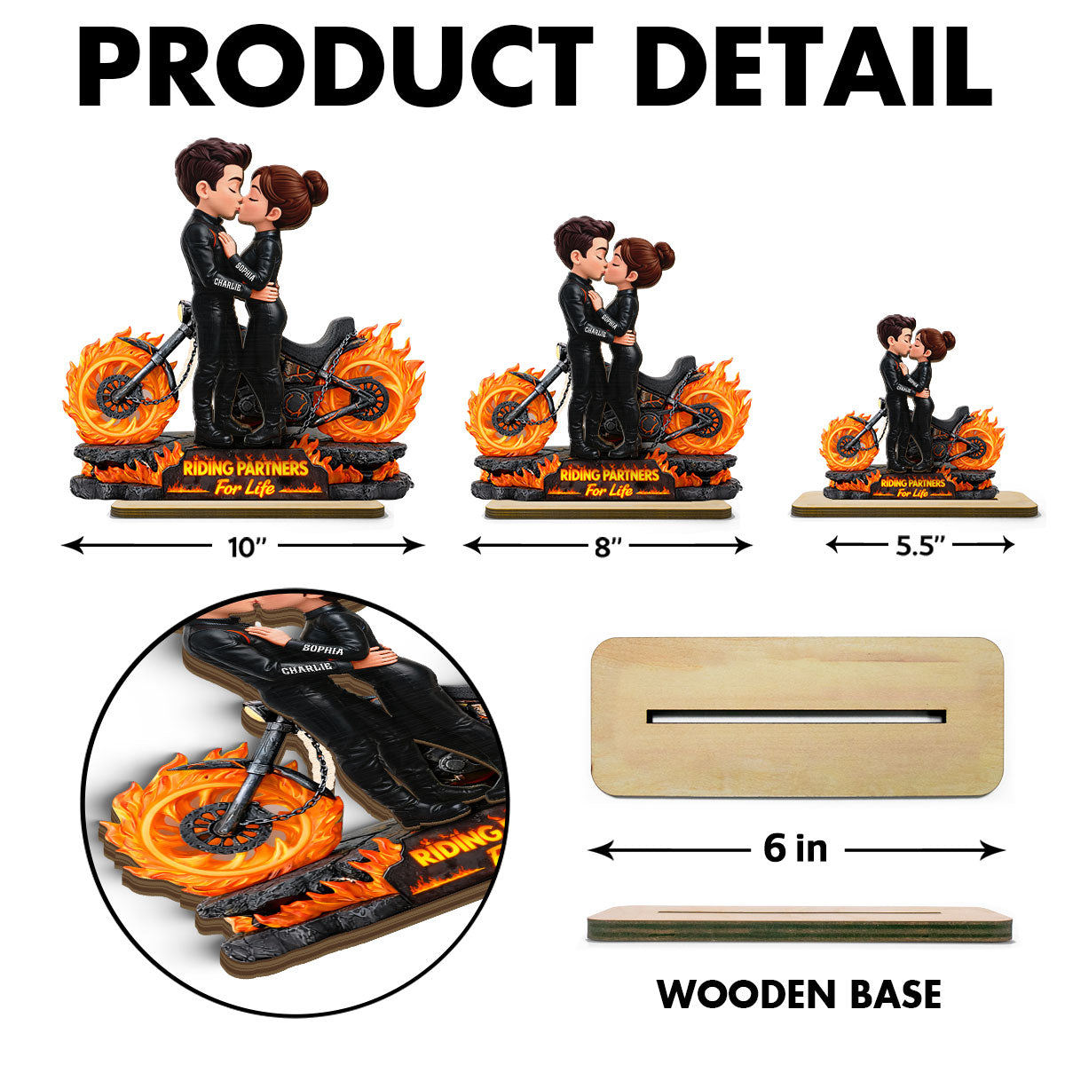 Biker Couple Fire - Personalized 2-Layered Wooden Plaque - Sentimental Gift for Her, for Him