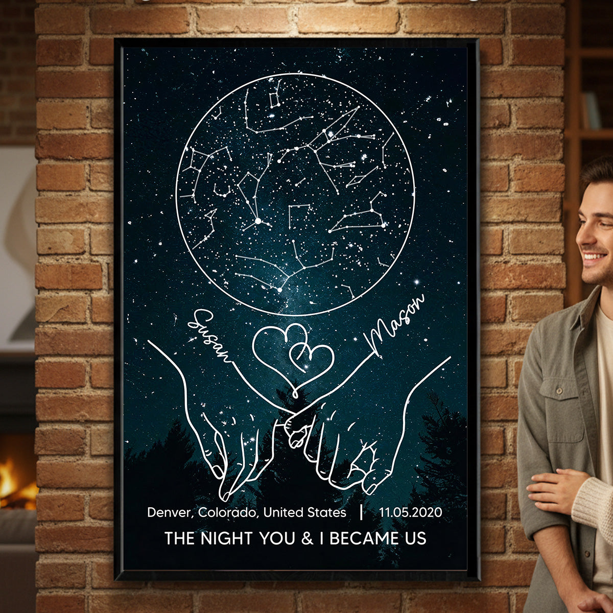 Couple Holding Hands Line Art Custom Star Map Anniversary Date - Personalized Poster - Valentine's Day Gift For Couple