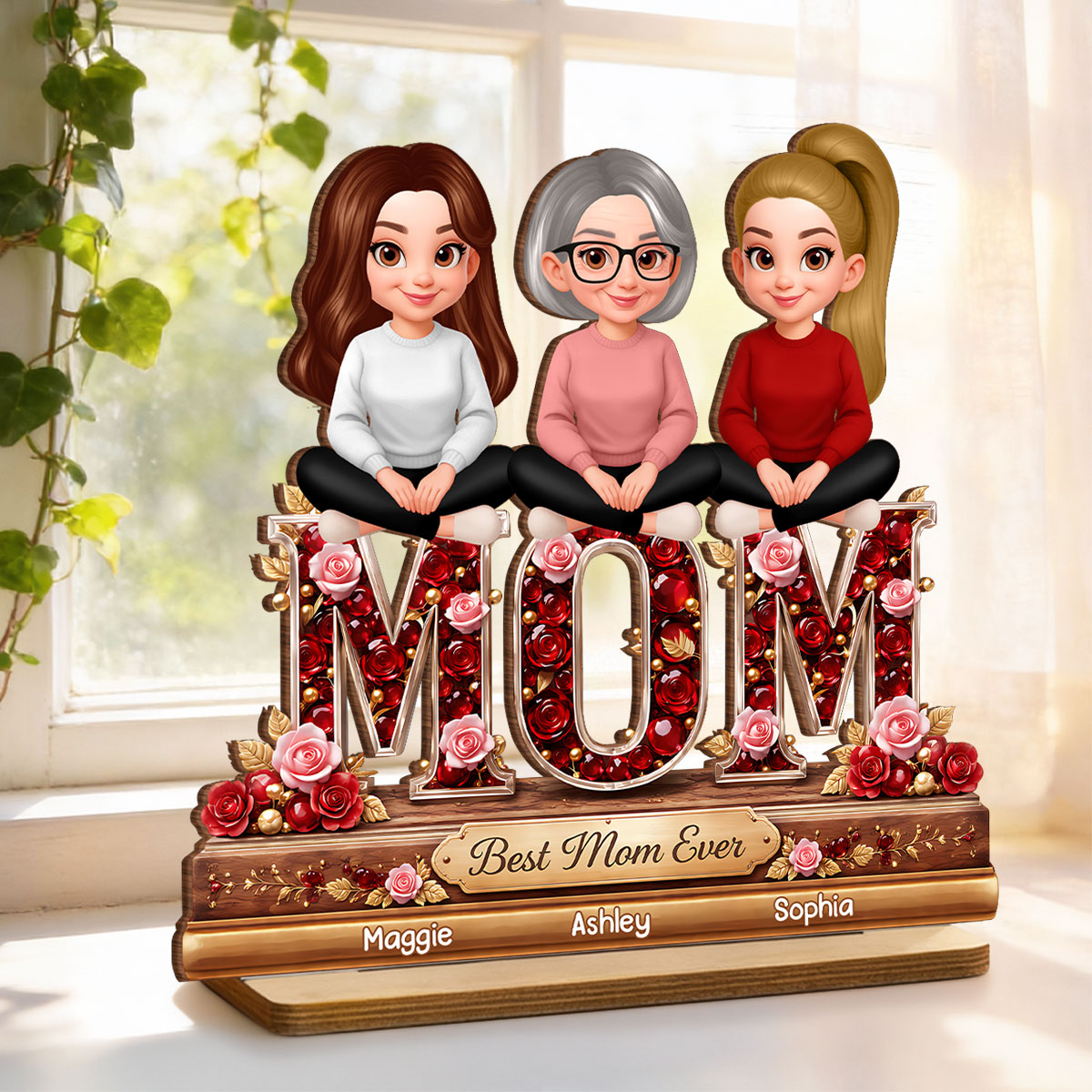 Mom Daughters Sons Sitting Best Mom Ever - Personalized 2-Layered Wooden Plaque - Heartfelt Gift For Mom, Grandma