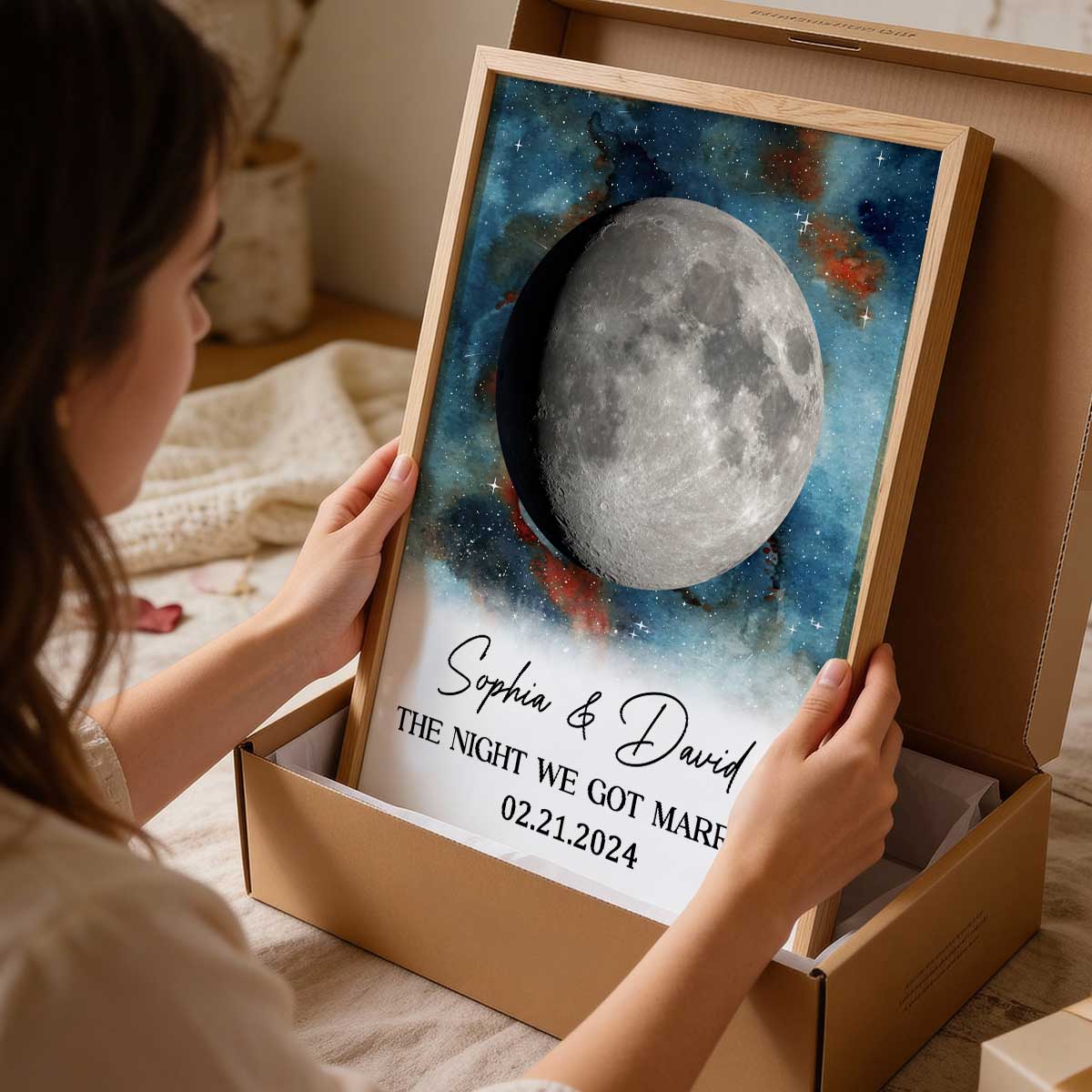 Gradient Galaxy Eternal Love Couple Custom Moon Phase Anniversary Date - Personalized Poster - Heartfelt Anniversary Gift, Valentine Gift, Wedding Gift For Couple