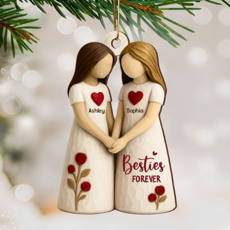 3D Effect Roses Besties Forever Together - Personalized Wooden Ornament - Christmas Gift For Best Friends