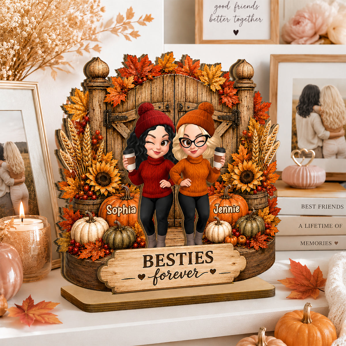 Besties Forever Fall Decor - Personalized 2-Layered Wooden Plaque - Cozy Fall Gift for Best Friends