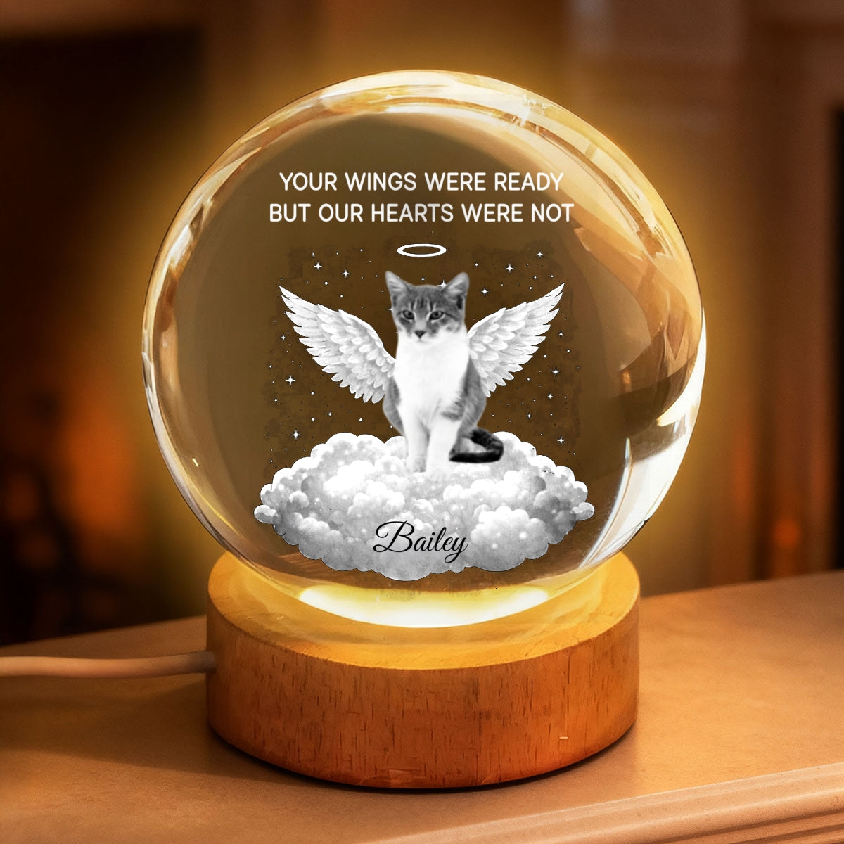 Your Light Will Always Shine in My Heart Pet Memorial - Personalized Crystal Ball LED Night Light - Heartfelt Remembrance Keepsake