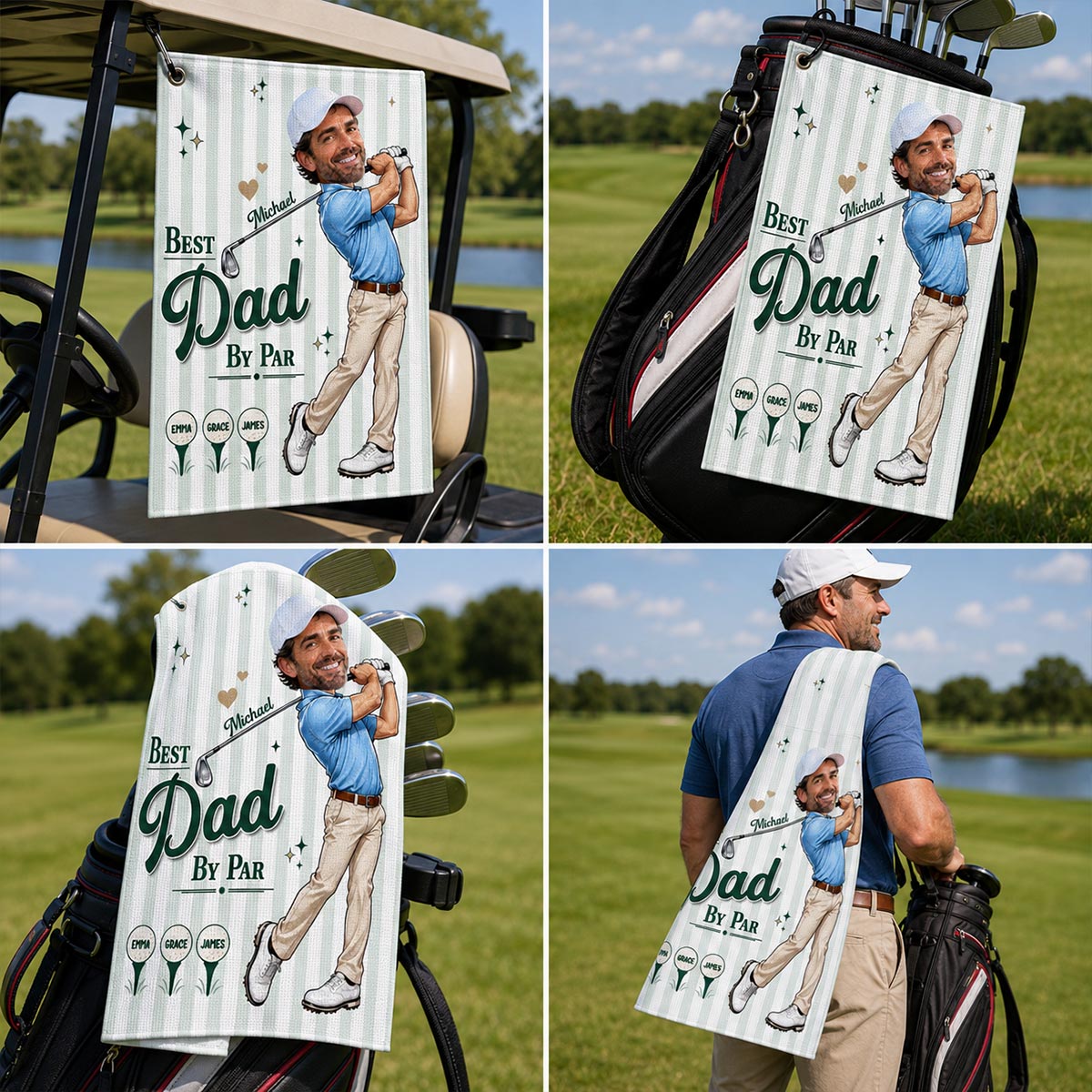 Best Dad Grandpa By Par Custom Photo Caricature Style - Personalized Golf Towel - Father's Day Gift For Golfers