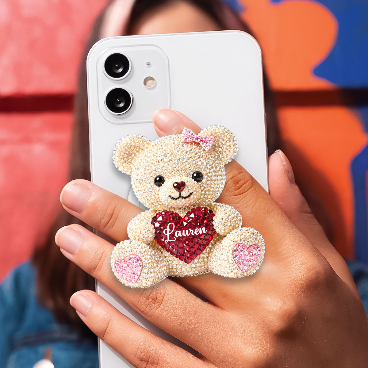 3D Effect Teddy Bear Valentine - Personalized Acrylic Magnetic Phone Grip - Anniversary, Valentine's Day Gift, Gift For Her