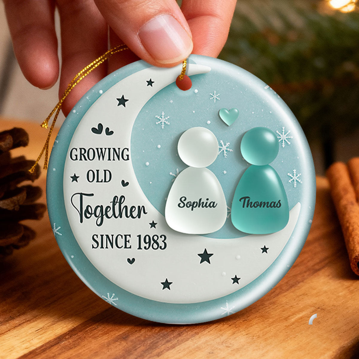3D Sea Glass Effect Couple On Moon - Personalized Ceramic Ornament With Acrylic Pieces
