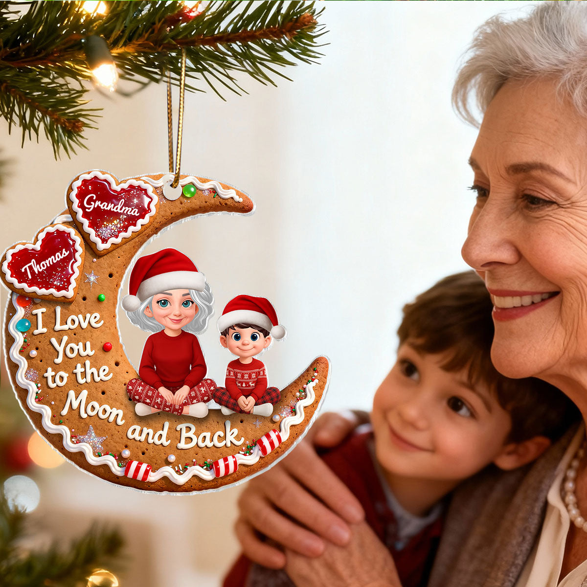 3D Effect Gingerbread Moon Grandma Grandkid Love You To The Moon And Back - Personalized Acrylic Ornament - Christmas Gift For All Grandkids
