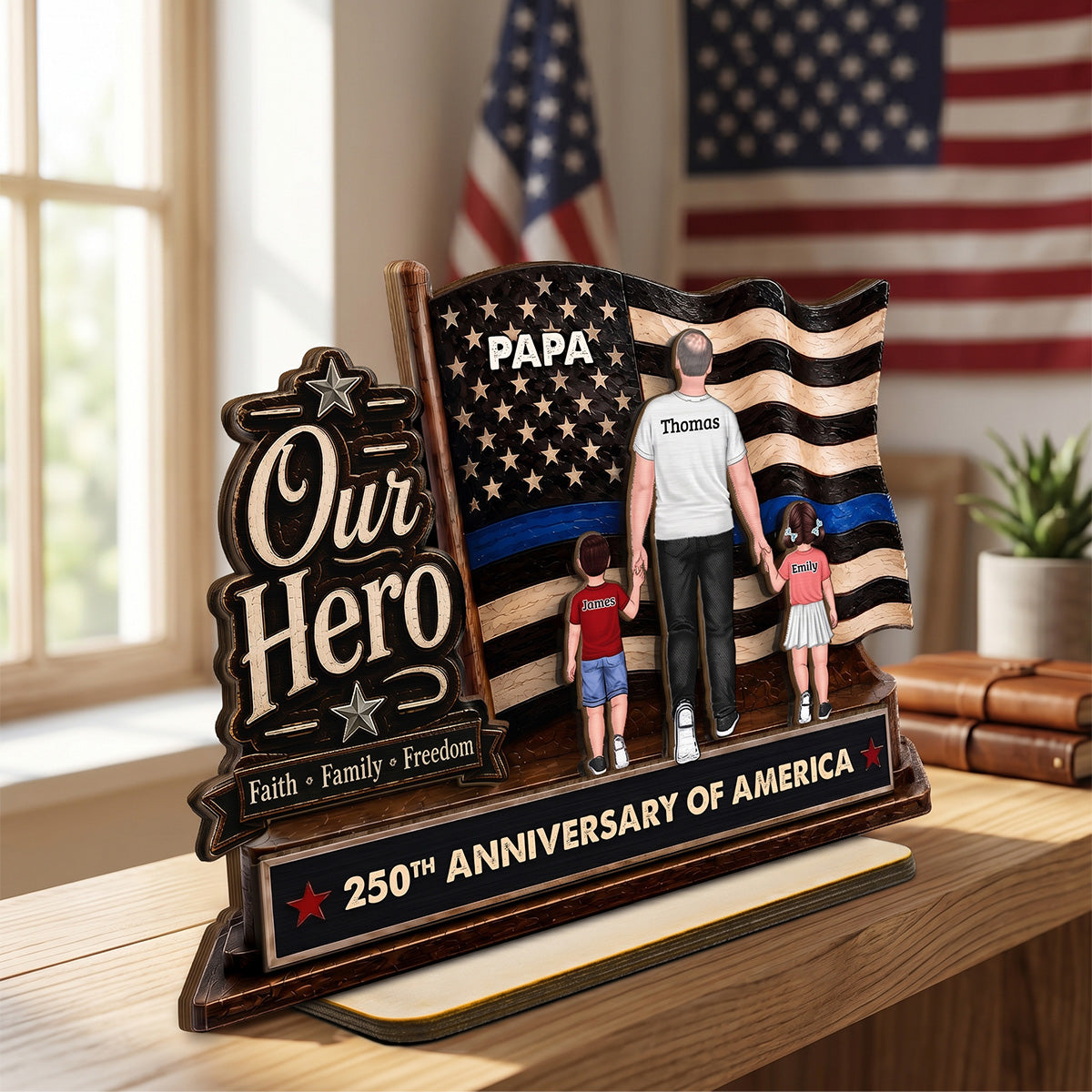Dad Grandpa Our Hero American Flag 2D Flat - Personalized 2-Layered Wooden Plaque -  Gift For Patriotic Dad, Grandpa, Husband