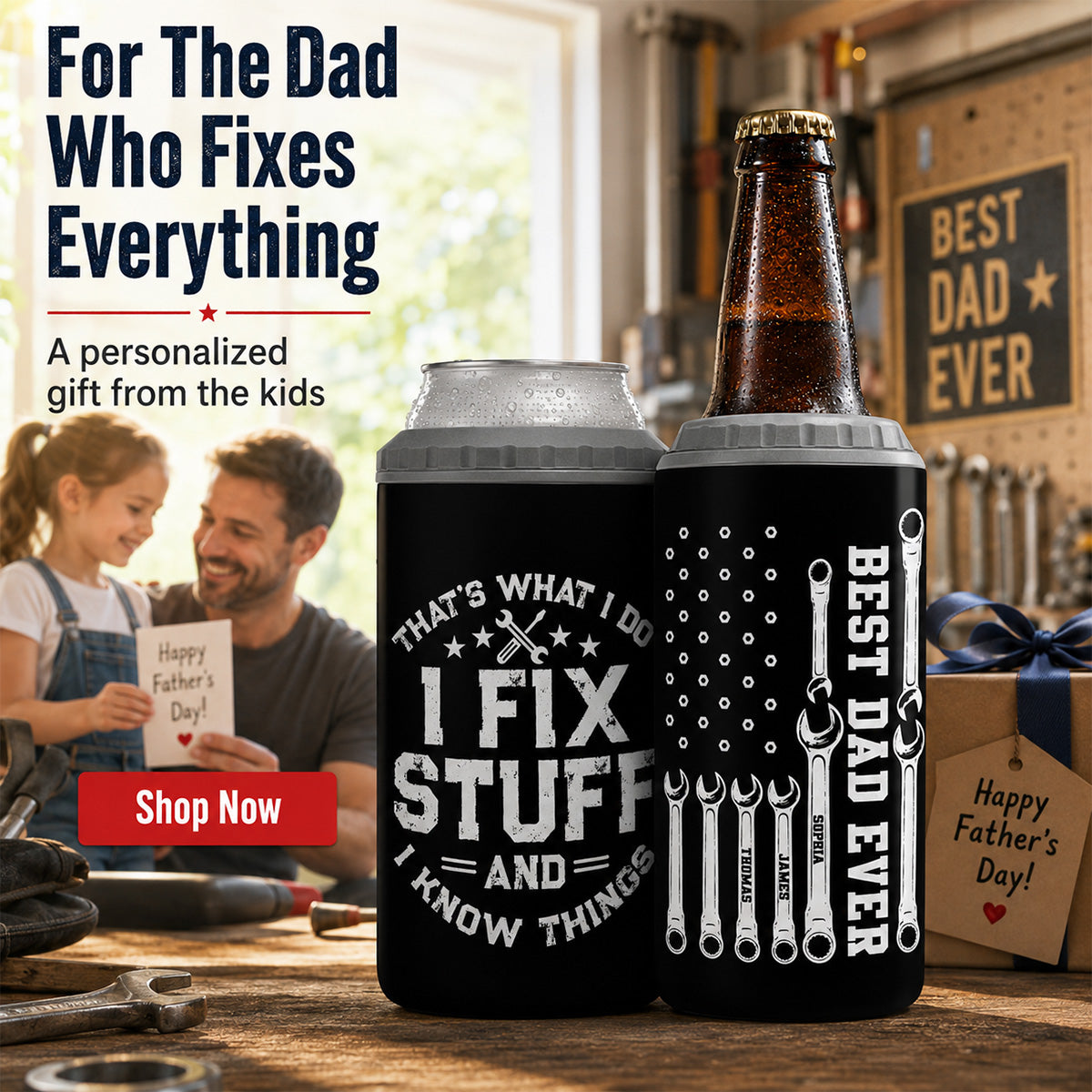 That's What I Do Mechanic Dad - Personalized 4-in-1 Can Cooler - Father's Day Gift For Dad, Grandpa