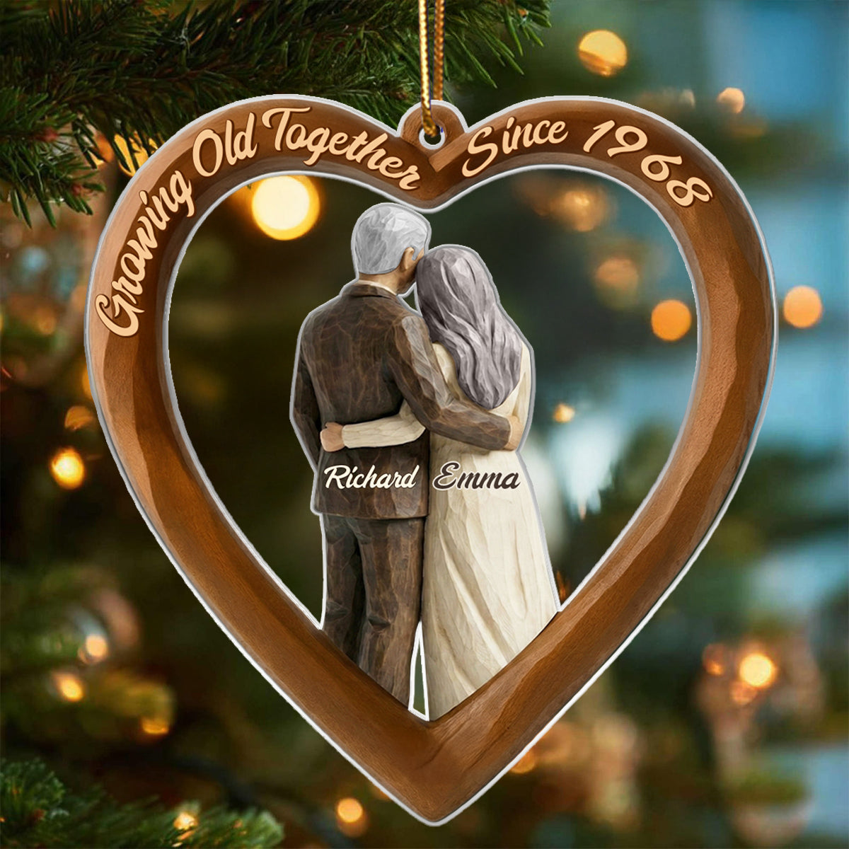 Couple Heart Christmas Faux Wood - Personalized Acrylic Ornament - Unique Christmas Gift For Grandma, Grandpa, Old Couple