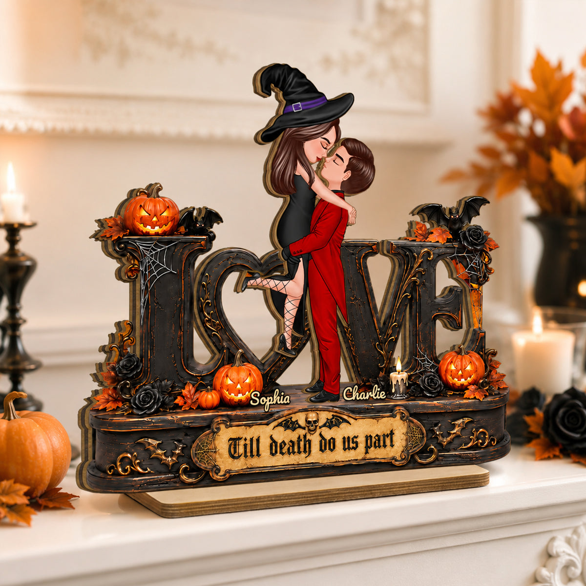 Love Halloween Couple Til Death Do Us Apart - Personalized 2-Layered Wooden Plaque - Halloween Decor Gift, Gift For Couple