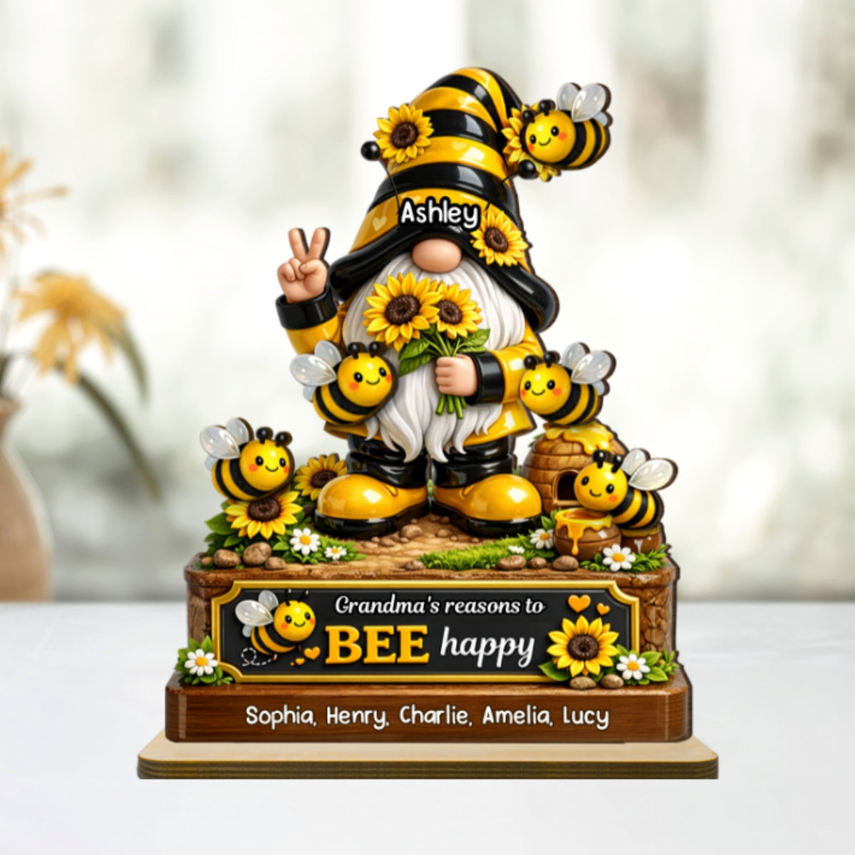 Grandma's Reasons to Bee Happy Cute Gnome - Personalized 2-Layered Wooden Plaque - Heartfelt Gift for Grandma