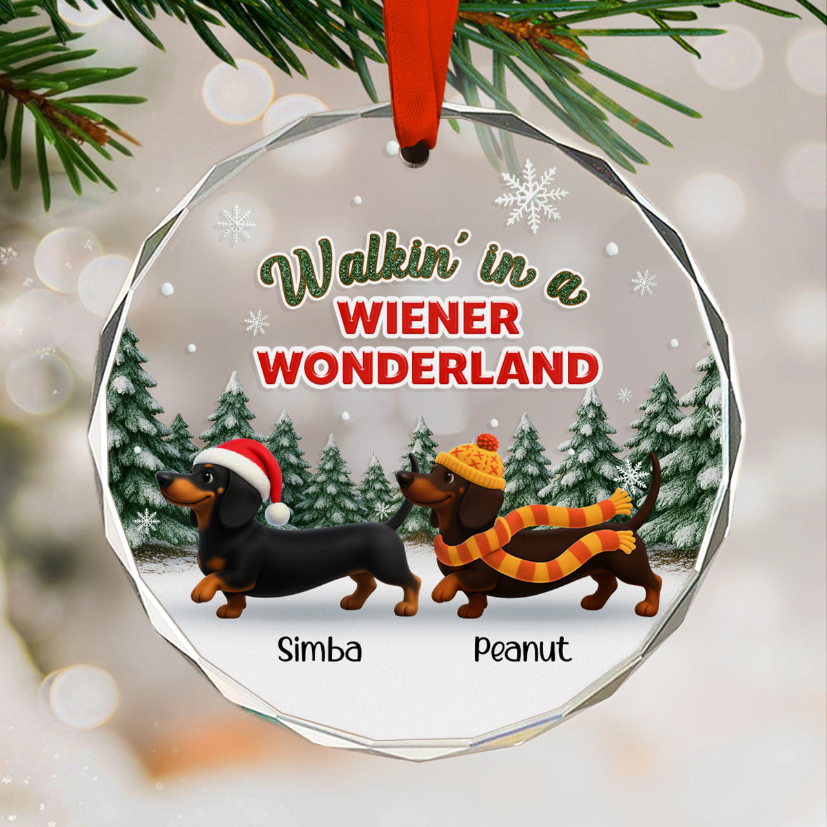 Christmas Dachshunds Walking In A Wiener Wonderland - Personalized Glass Ornament