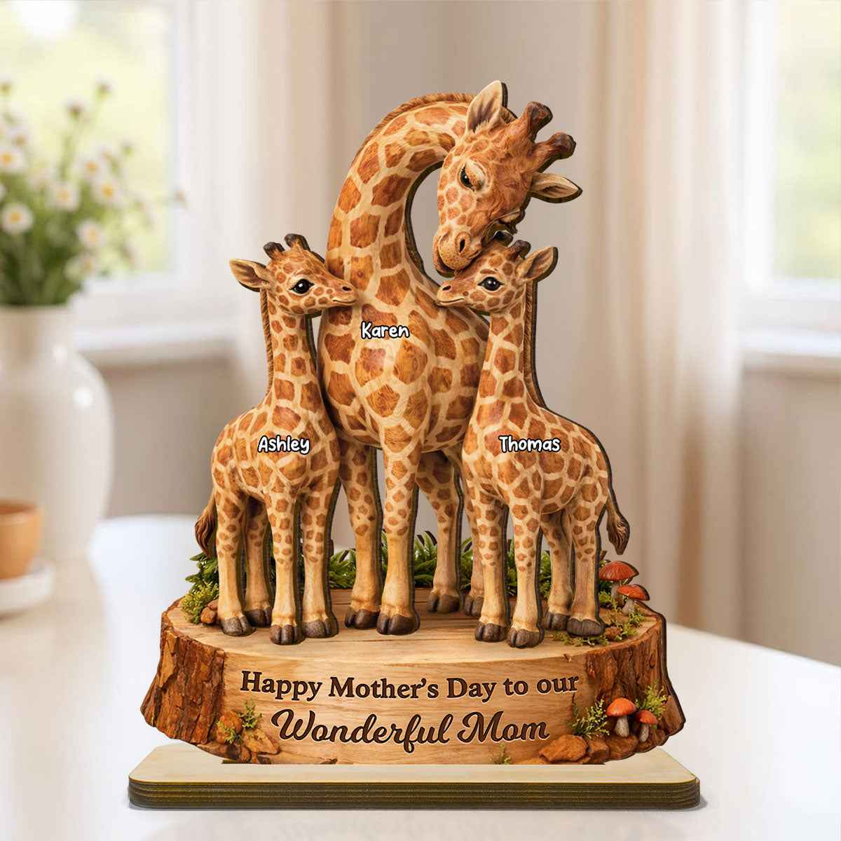 Happy Mother's Day Giraffe Mom - Personalized 2-Layered Wooden Plaque - Heartfelt Mother's Day Gift for Mom, Wife
