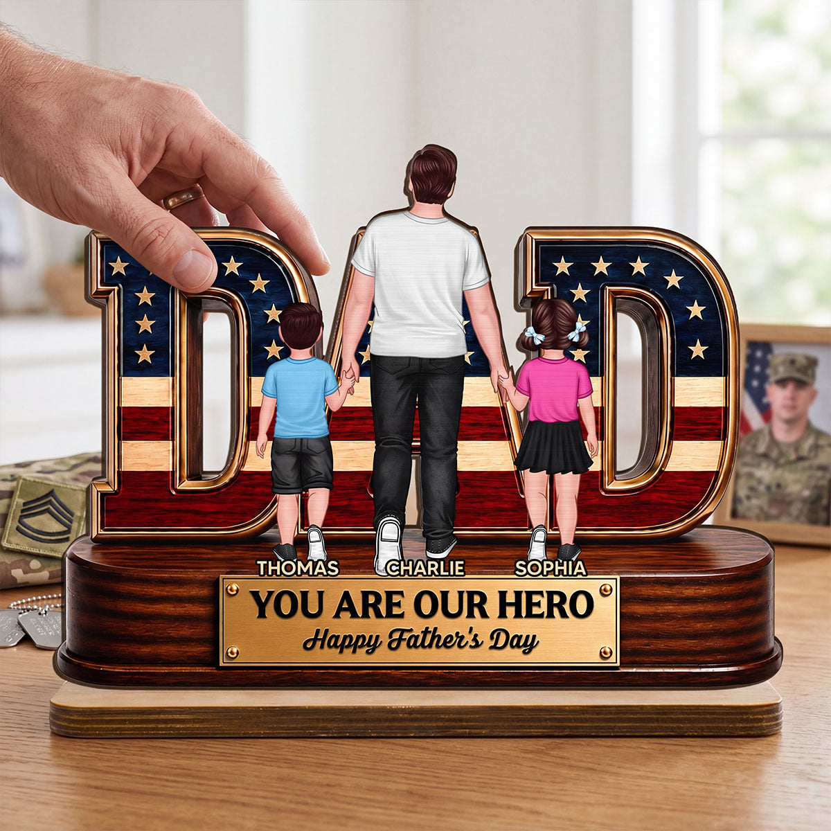 Nation Flag Dad And Kids You Are Our Hero - Personalized 2-Layered Wooden Plaque -  Gift For Dad, Husband