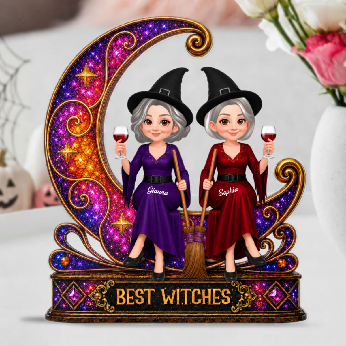 Pretty Witches Sitting On Moon Sparkle 2D Flat - Personalized Acrylic Block - Halloween Decoration