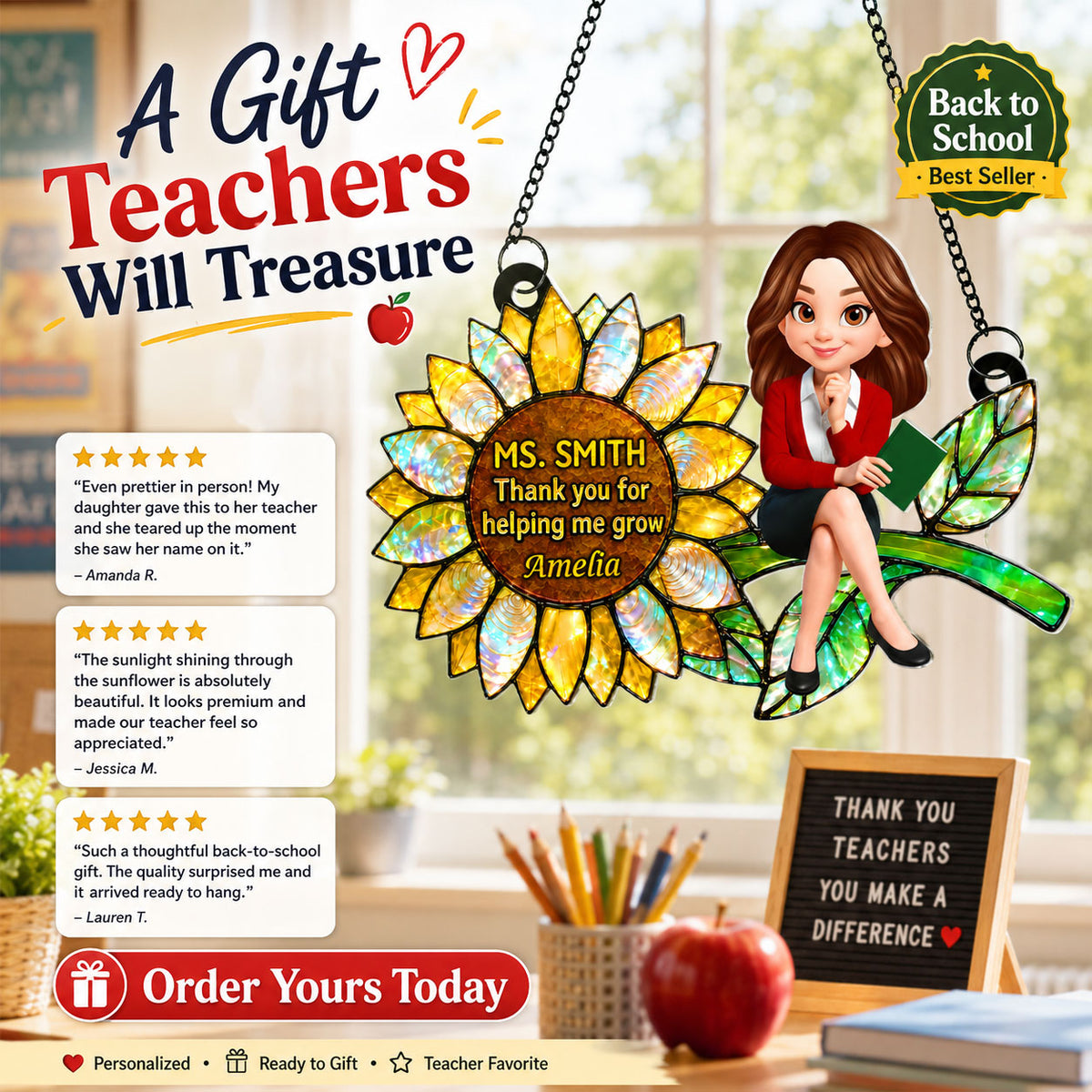 Thank You for Helping Me Grow Teacher - Personalized Acrylic Suncatcher - Teacher Appreciation Gift, End of School Year Gift