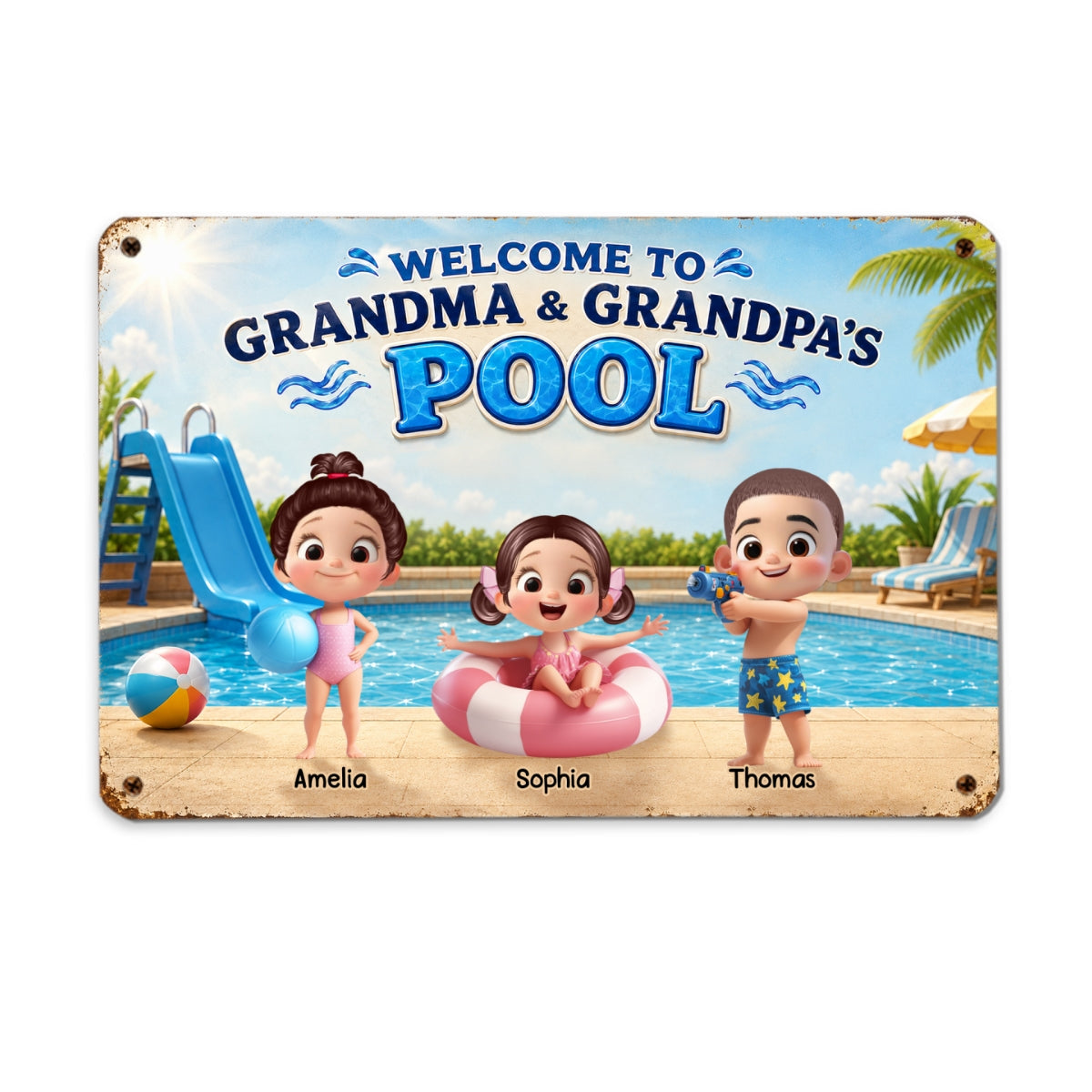 Welcome to Grandma Grandpa's Pool - Personalized Metal Sign - Summer Decor Gift for Grandparents