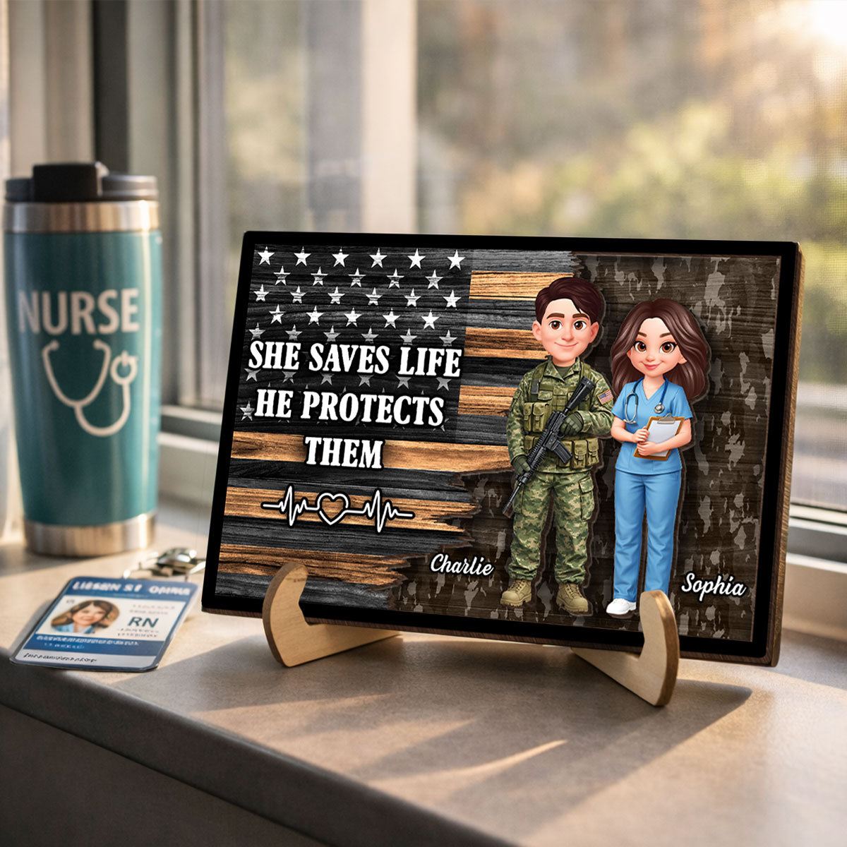 Custom Army Couple Nation Flag - Personalized 2-Layered Wooden Plaque - Heartfelt Gift for Him, for Her