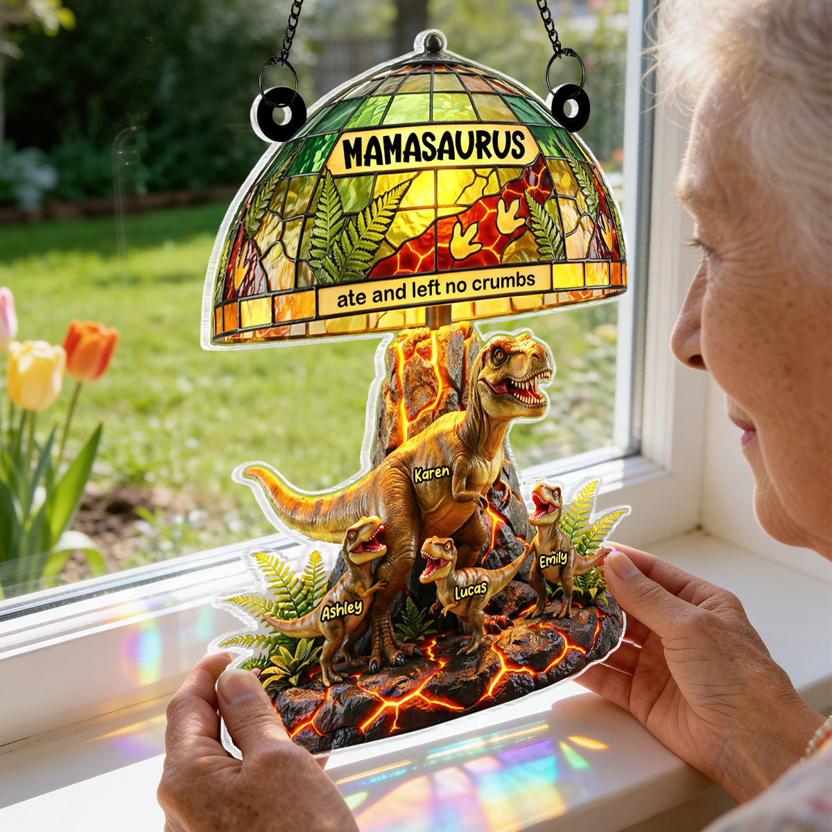 Mamasaurus Ate And Left No Crumbs - Personalized Window Hanging Suncatcher - Mother's Day Gift for Mom, Wife