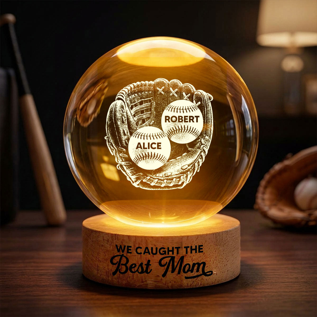 We Caught The Best Mom Baseball In Glove - Personalized Crystal Ball LED Night Light - Mother's Day Gift For Baseball Mom