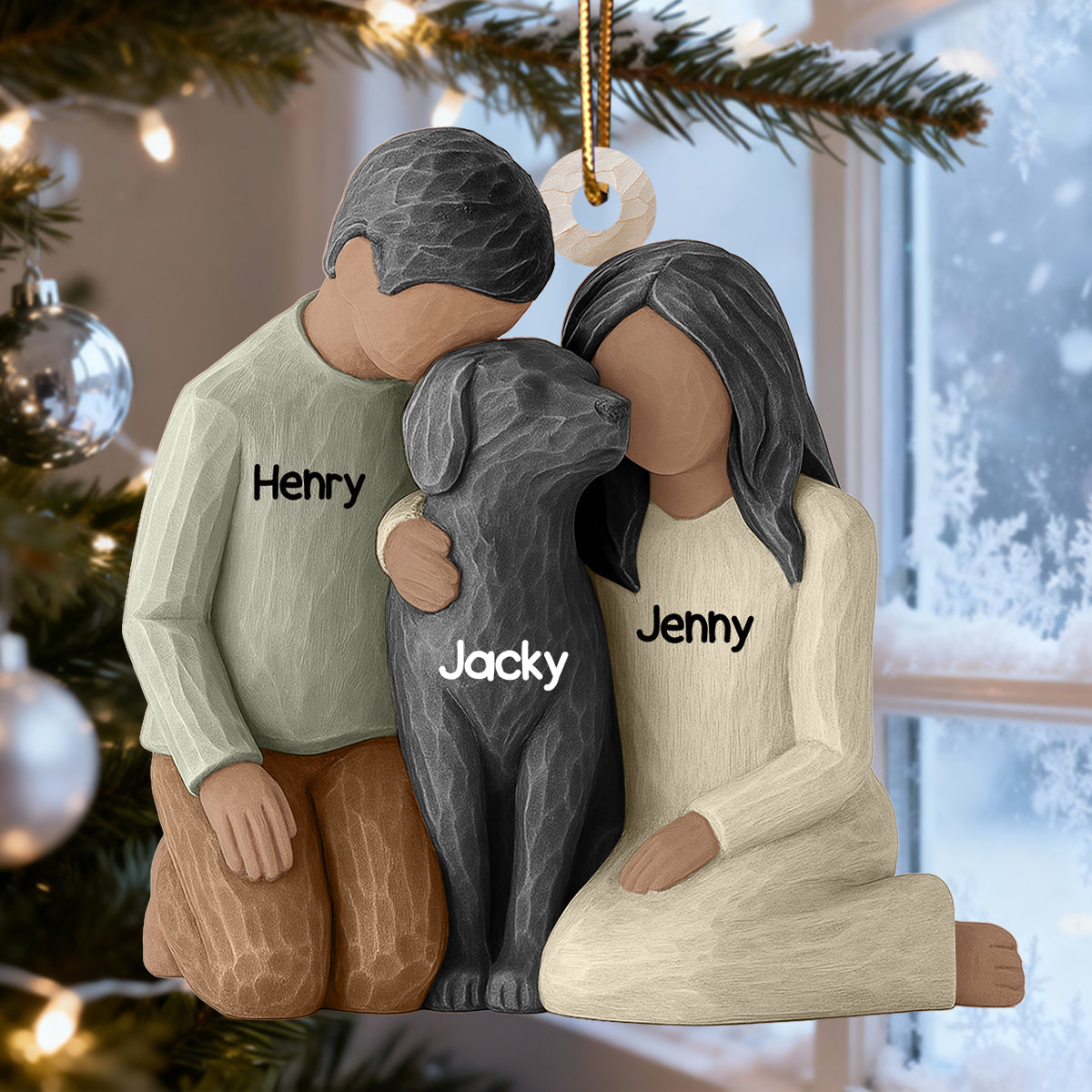 Couple and the Dogs 3D Effect - Personalized Wooden Ornament - Christmas Gift for him, for her