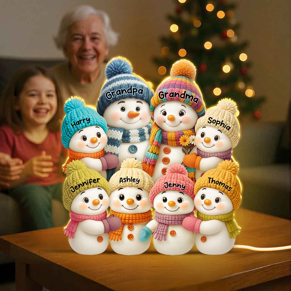 3D Effect Snowman Grandma, Grandpa, Grandparents and Grandkids Personalized Light Box - Christmas Gift for Family, Grandma, Grandpa