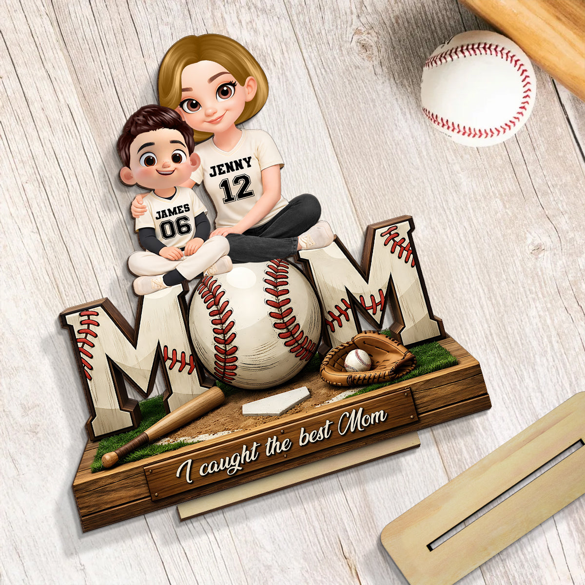 Baseball Mom and Kids We Caught the Best Mom - Personalized 2-Layered Wooden Plaque - Heartfelt Gift for Mom