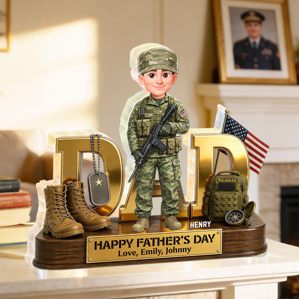 Proud American Military Armed Force Hero Dad 2D Flat - Personalized Acrylic Block Plaque -  Unique Trending  Gift For Dad, Husband