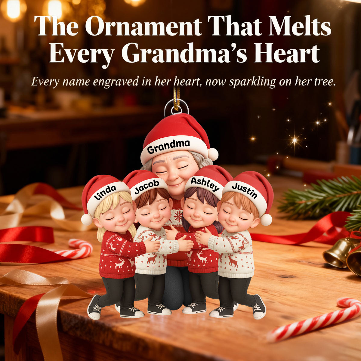 Grandma’s Loving Embrace – Custom Ornament with Grandkids’ Names – A Cherished Christmas Keepsake for Grandma, Grandkids