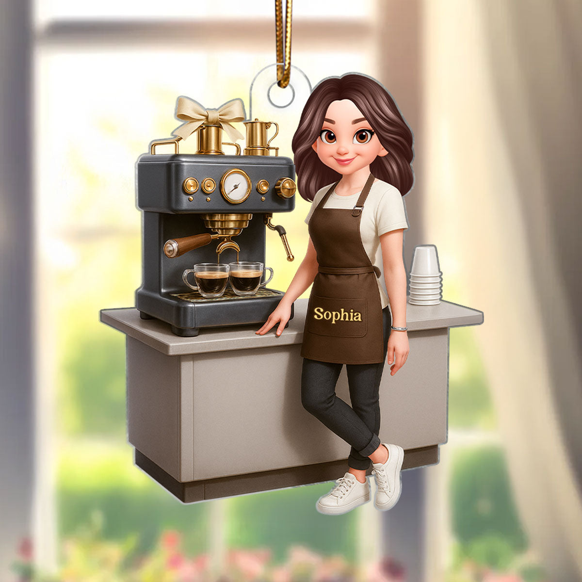 Espresso Machine Coffee Maker Diorama With Cups - Personalized Acrylic Ornament - Gift For Baristas And Coffee Lovers