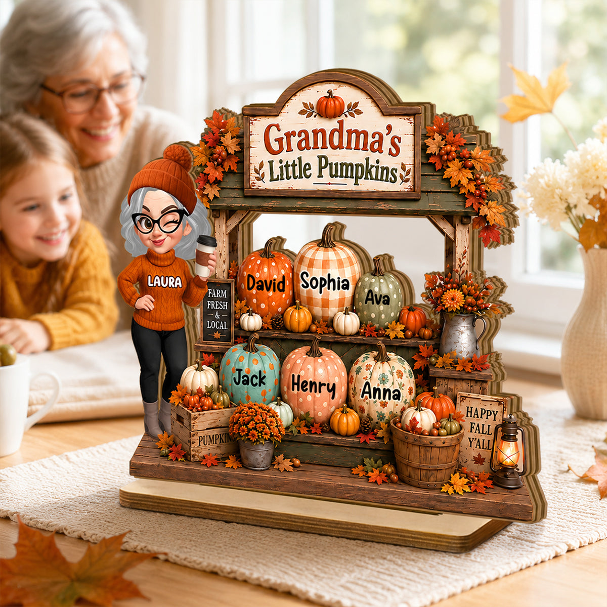 Rustic Fall Shelf Sitter Grandma - Personalized 2-Layered Wooden Plaque - Fall Season Decor Gift, Gift For Grandma