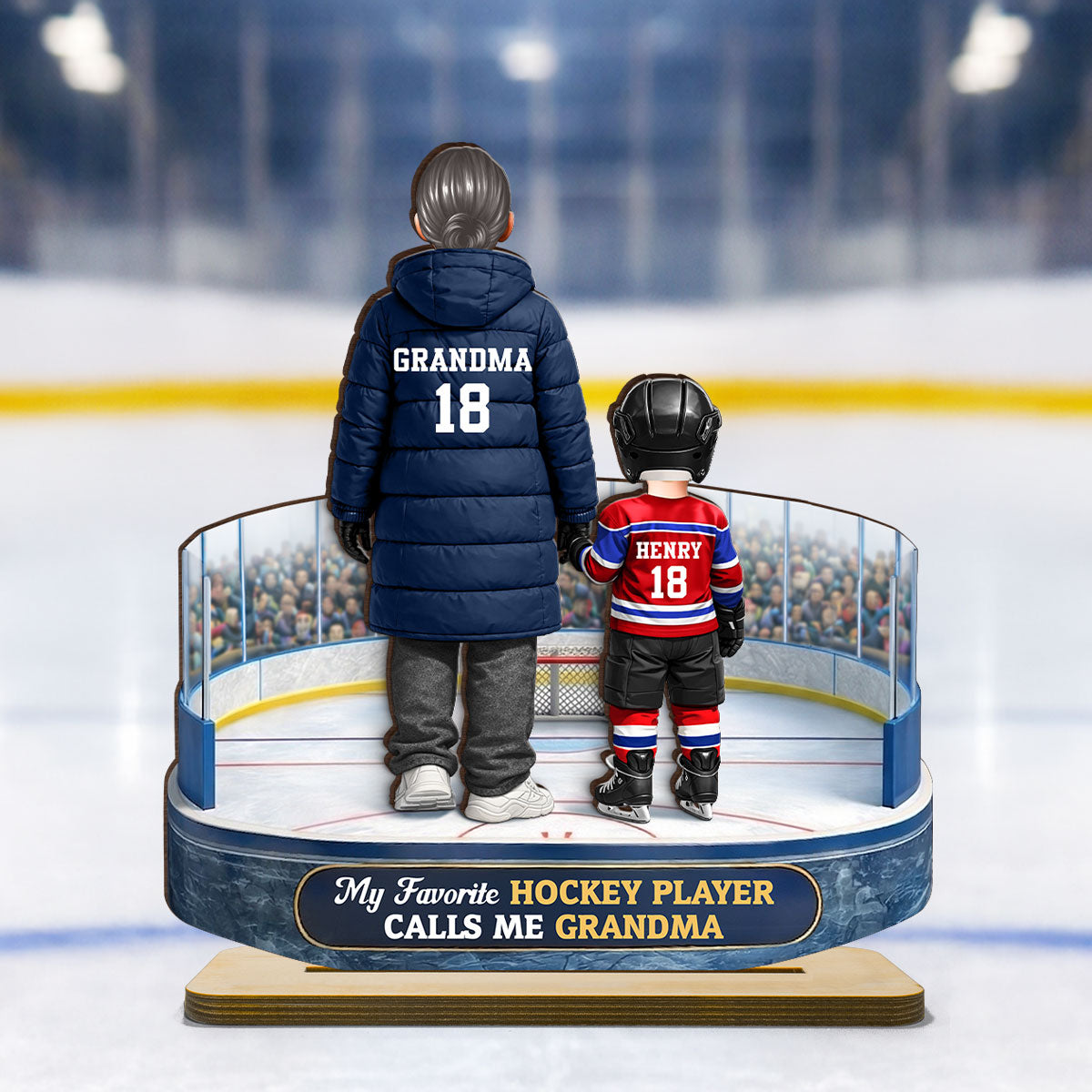 Hockey Grandma And Grandkids On The Ice - Personalized 2-Layered Wooden Plaque - Heartfelt Gift For Grandma